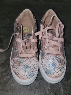 Kids Pink Glitter Lace-Up Sneakers with Rhinestones